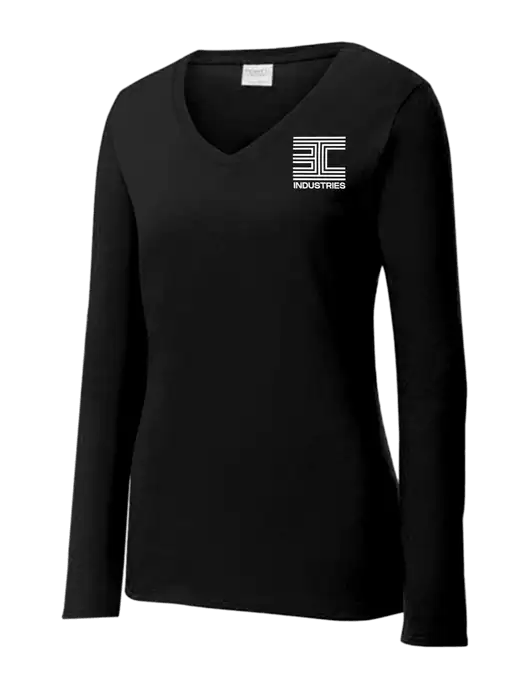 Womens V-Neck Ring Spun Jet Black 4.5 oz Long Sleeve T-Shirt w/3C Logo