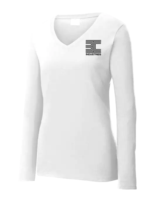 Womens  V-Neck Ring Spun White 4.5 oz Long Sleeve T-Shirt w/3C Logo