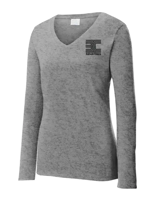 Womens  V-Neck Ring Spun Grey Heather 4.5 oz Long Sleeve T-Shirt w/3C Logo