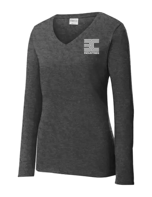 Womens  V-Neck Ring Spun Dark Heather Grey 4.5 oz Long Sleeve T-Shirt w/3C Logo