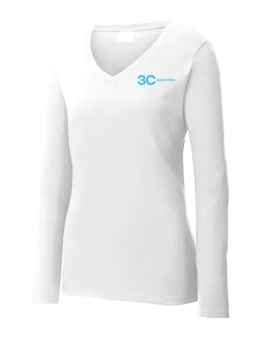 Womens  V-Neck Ring Spun White 4.5 oz Long Sleeve T-Shirt w/3C Industries Logo